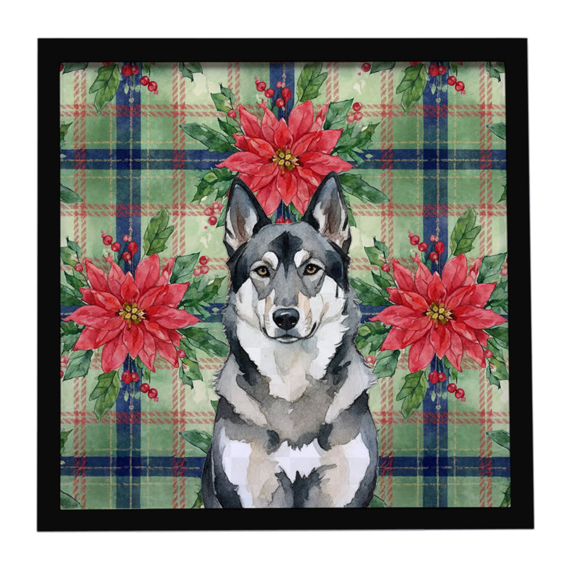 Norwegian Elkhound Christmas PoinsettIas Framed Metal Print Bathroom, Kitchen, Office, Home Decor Wall Art Ready to Hang, Square, 8X8