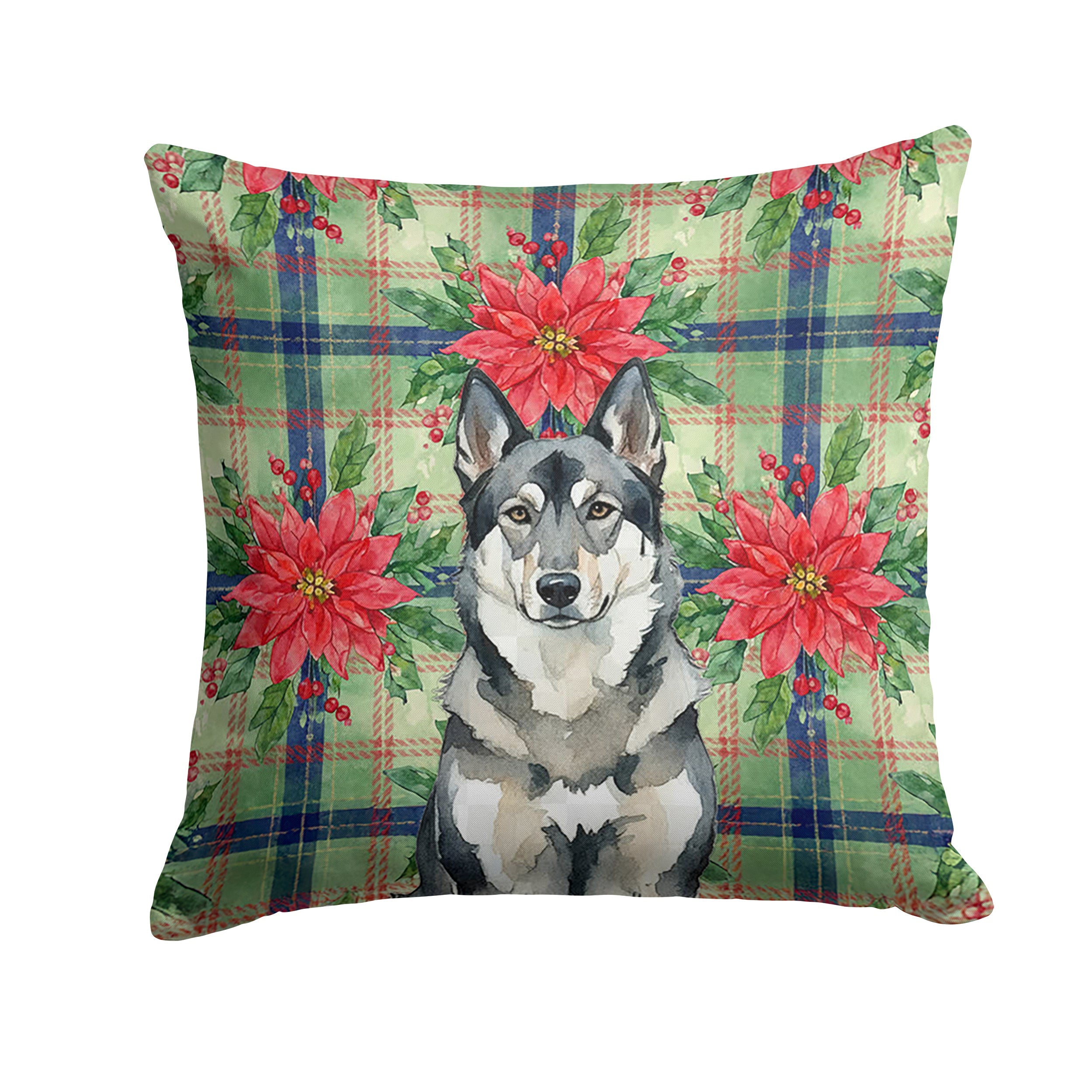 Norwegian Elkhound Christmas PoinsettIas Decorative Throw Pillow 14x14 Indoor Outdoor Accent Cushion, Fabric Cover with Insert for Sofa, Bed, Porch & Living Room