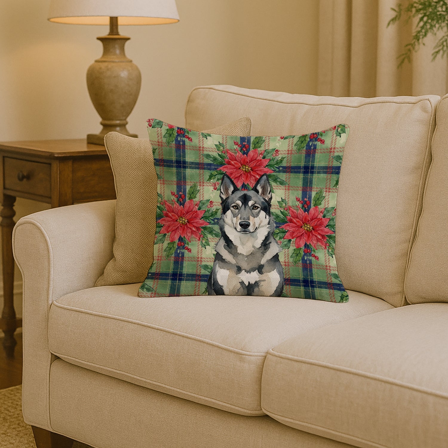 Norwegian Elkhound Christmas PoinsettIas Decorative Throw Pillow 14x14 Indoor Outdoor Accent Cushion, Fabric Cover with Insert for Sofa, Bed, Porch & Living Room
