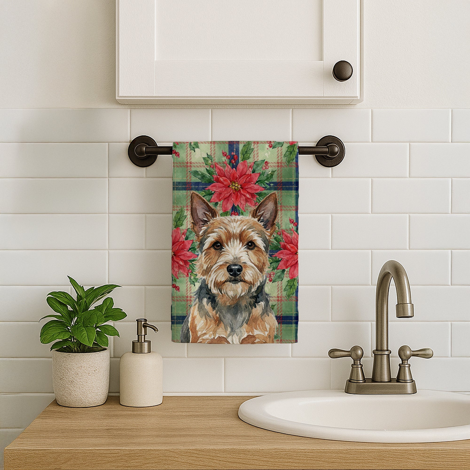 Norwich Terrier Christmas PoinsettIas Kitchen Towel Velour Plush Front and Cotton Loop Back Machine Washable
