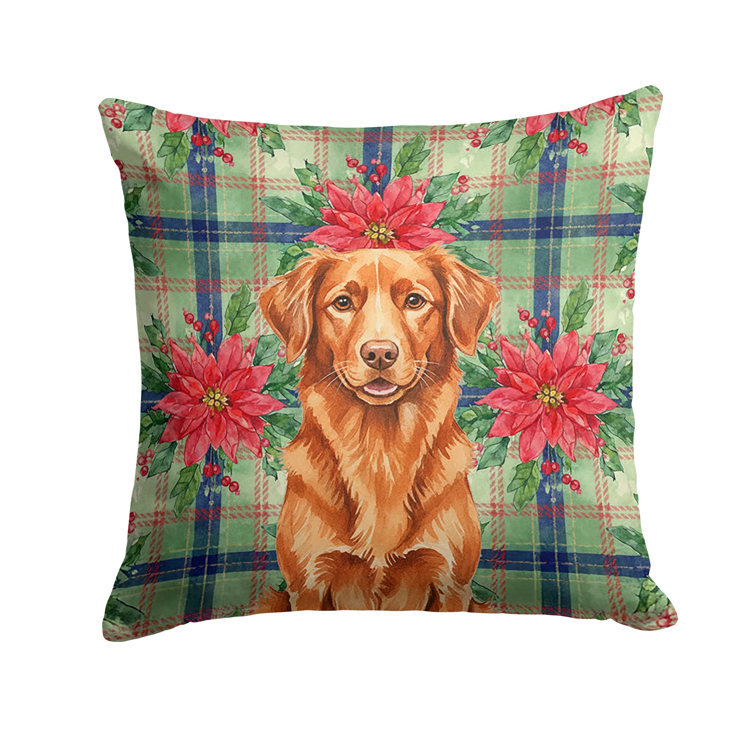 Copper Nova Scotia Duck Tolling Retriever Christmas PoinsettIas Decorative Throw Pillow 14x14 Indoor Outdoor Accent Cushion, Fabric Cover with Insert for Sofa, Bed, Porch & Living Room