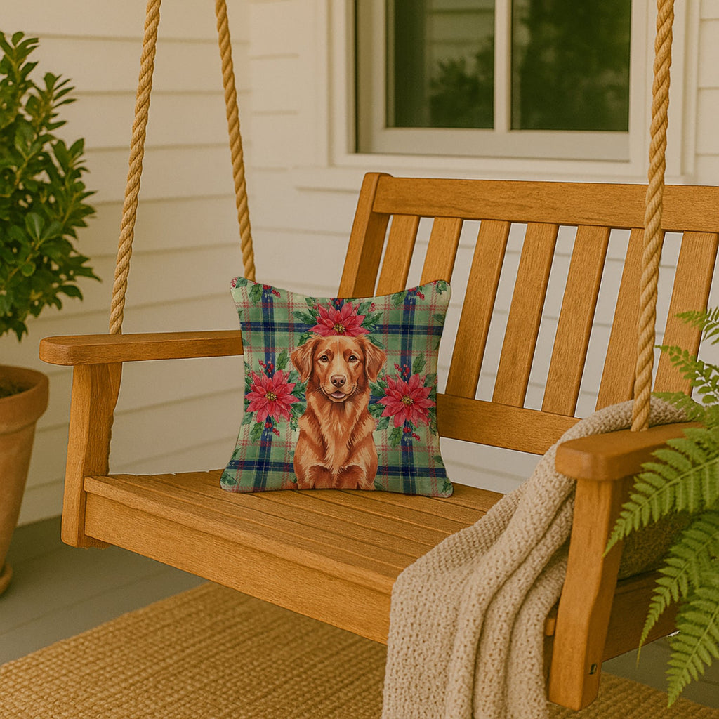Copper Nova Scotia Duck Tolling Retriever Christmas PoinsettIas Decorative Throw Pillow 14x14 Indoor Outdoor Accent Cushion, Fabric Cover with Insert for Sofa, Bed, Porch & Living Room