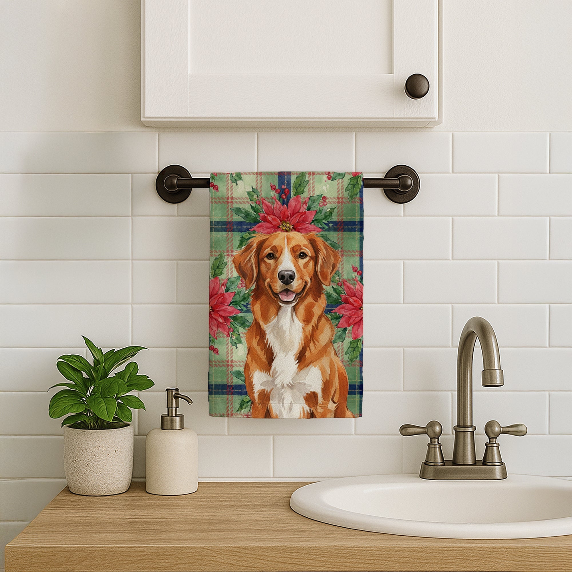 Orange Nova Scotia Duck Tolling Retriever Christmas PoinsettIas Kitchen Towel Velour Plush Front and Cotton Loop Back Machine Washable