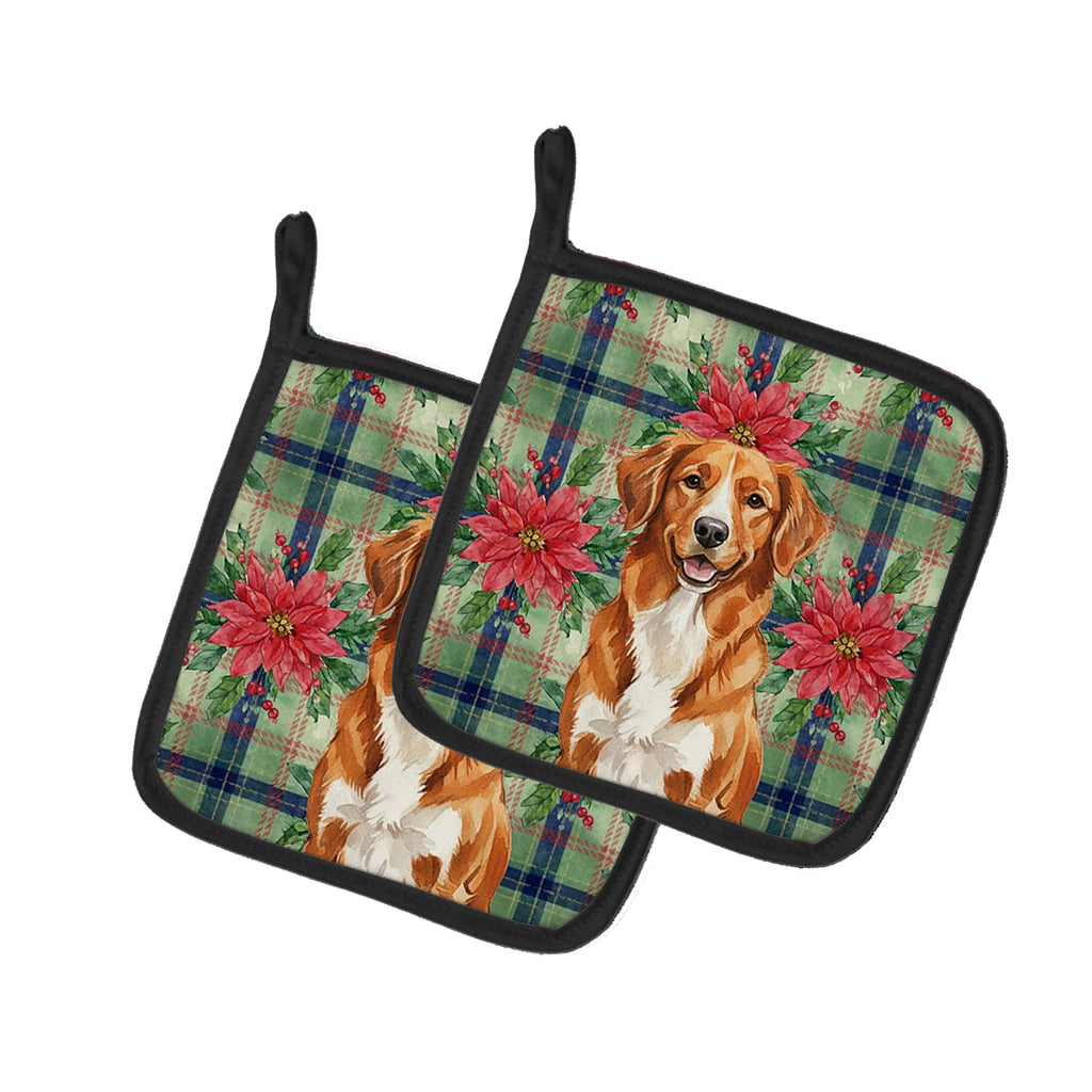Orange Nova Scotia Duck Tolling Retriever Christmas PoinsettIas Pot Holder Set of 2 Heat Resistant Quilted Hot Pads 7.5 x 7.5 Inch, Insulated Kitchen Trivets for Cooking & Baking