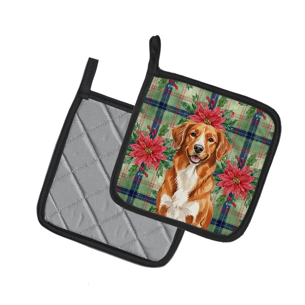 Orange Nova Scotia Duck Tolling Retriever Christmas PoinsettIas Pot Holder Set of 2 Heat Resistant Quilted Hot Pads 7.5 x 7.5 Inch, Insulated Kitchen Trivets for Cooking & Baking