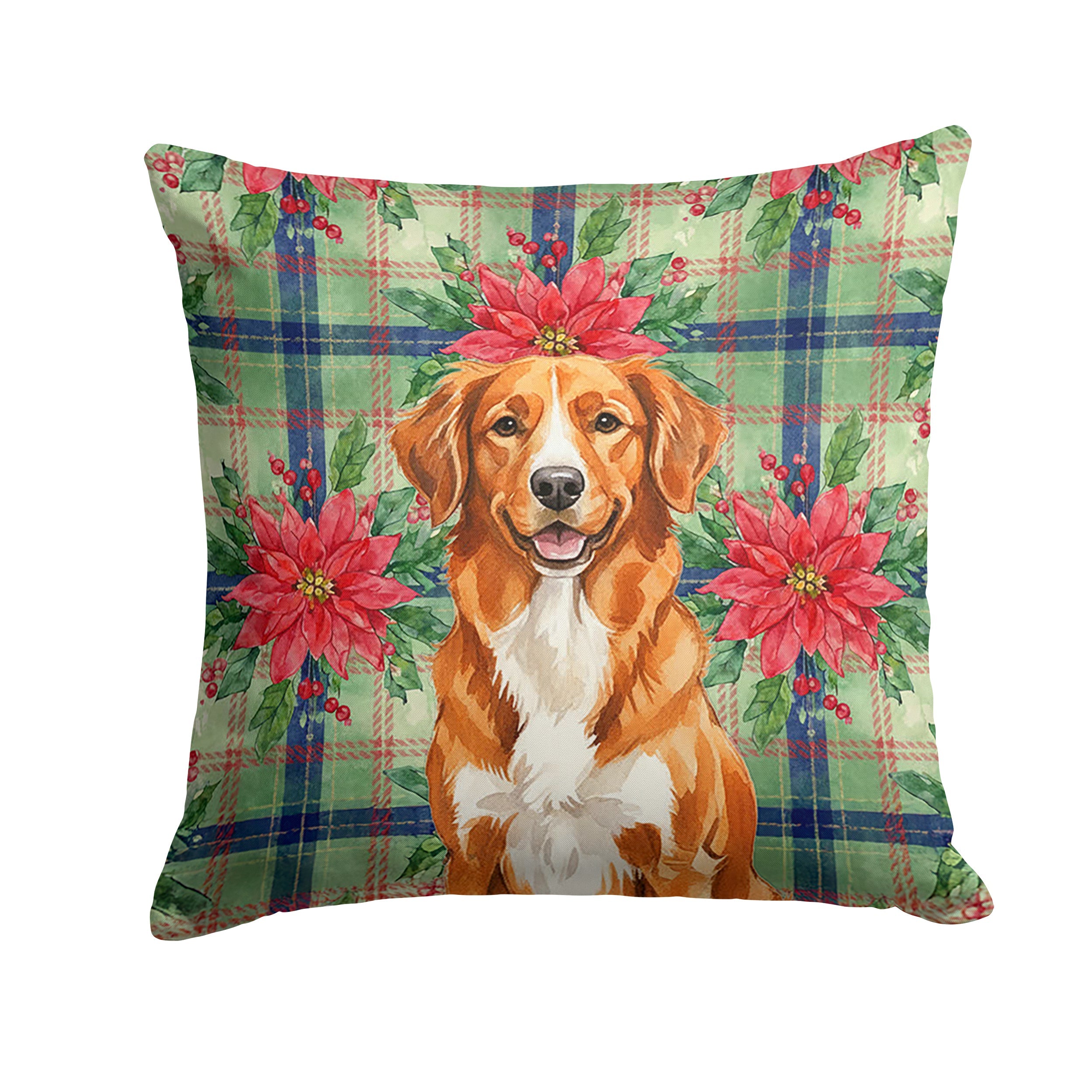 Orange Nova Scotia Duck Tolling Retriever Christmas PoinsettIas Decorative Throw Pillow 14x14 Indoor Outdoor Accent Cushion, Fabric Cover with Insert for Sofa, Bed, Porch & Living Room