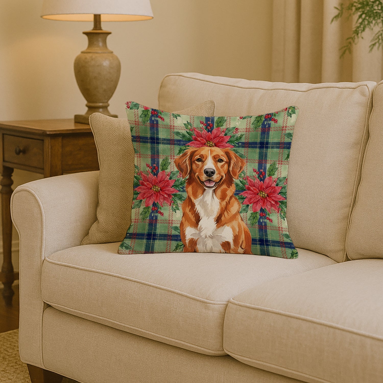 Orange Nova Scotia Duck Tolling Retriever Christmas PoinsettIas Decorative Throw Pillow 14x14 Indoor Outdoor Accent Cushion, Fabric Cover with Insert for Sofa, Bed, Porch & Living Room