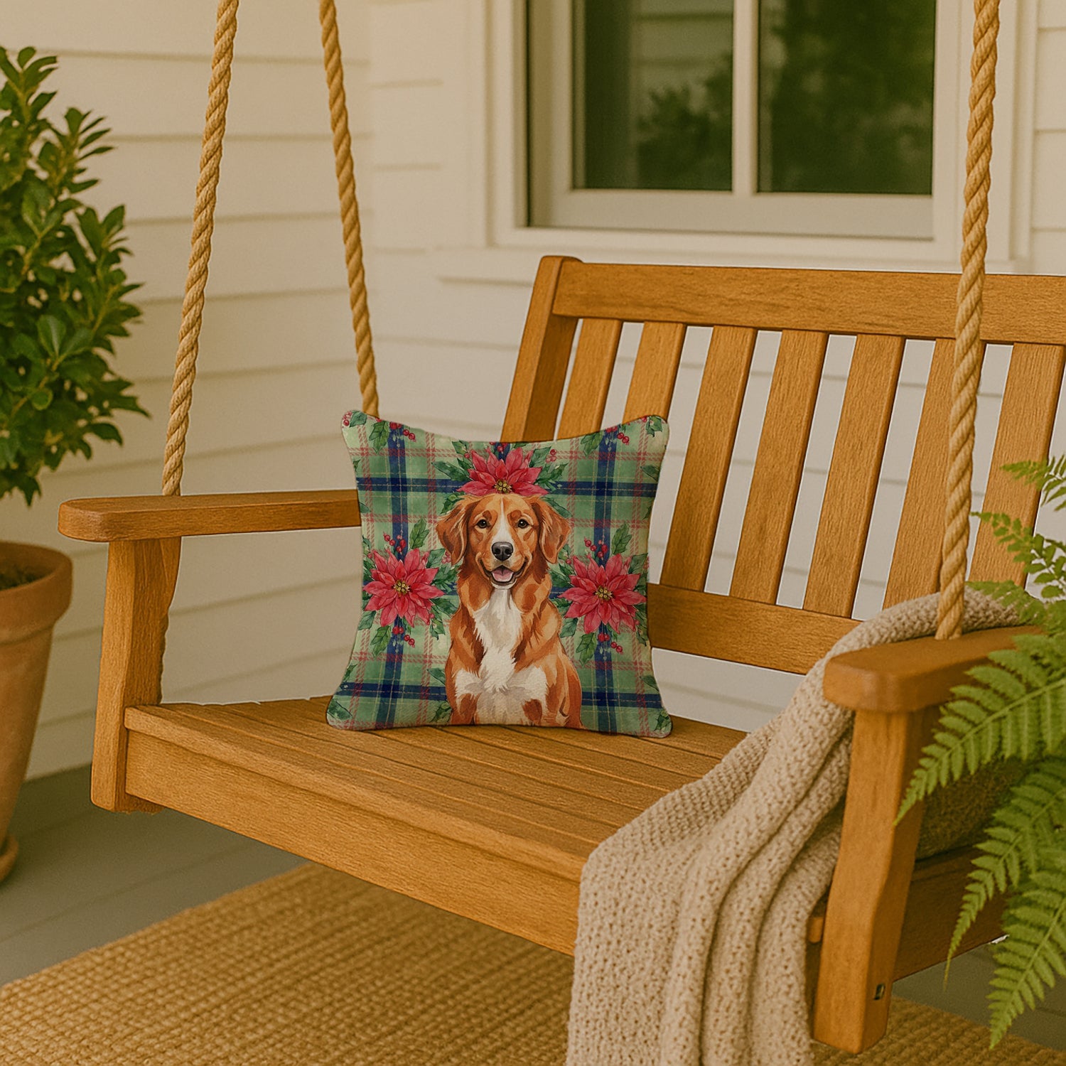 Orange Nova Scotia Duck Tolling Retriever Christmas PoinsettIas Decorative Throw Pillow 14x14 Indoor Outdoor Accent Cushion, Fabric Cover with Insert for Sofa, Bed, Porch & Living Room