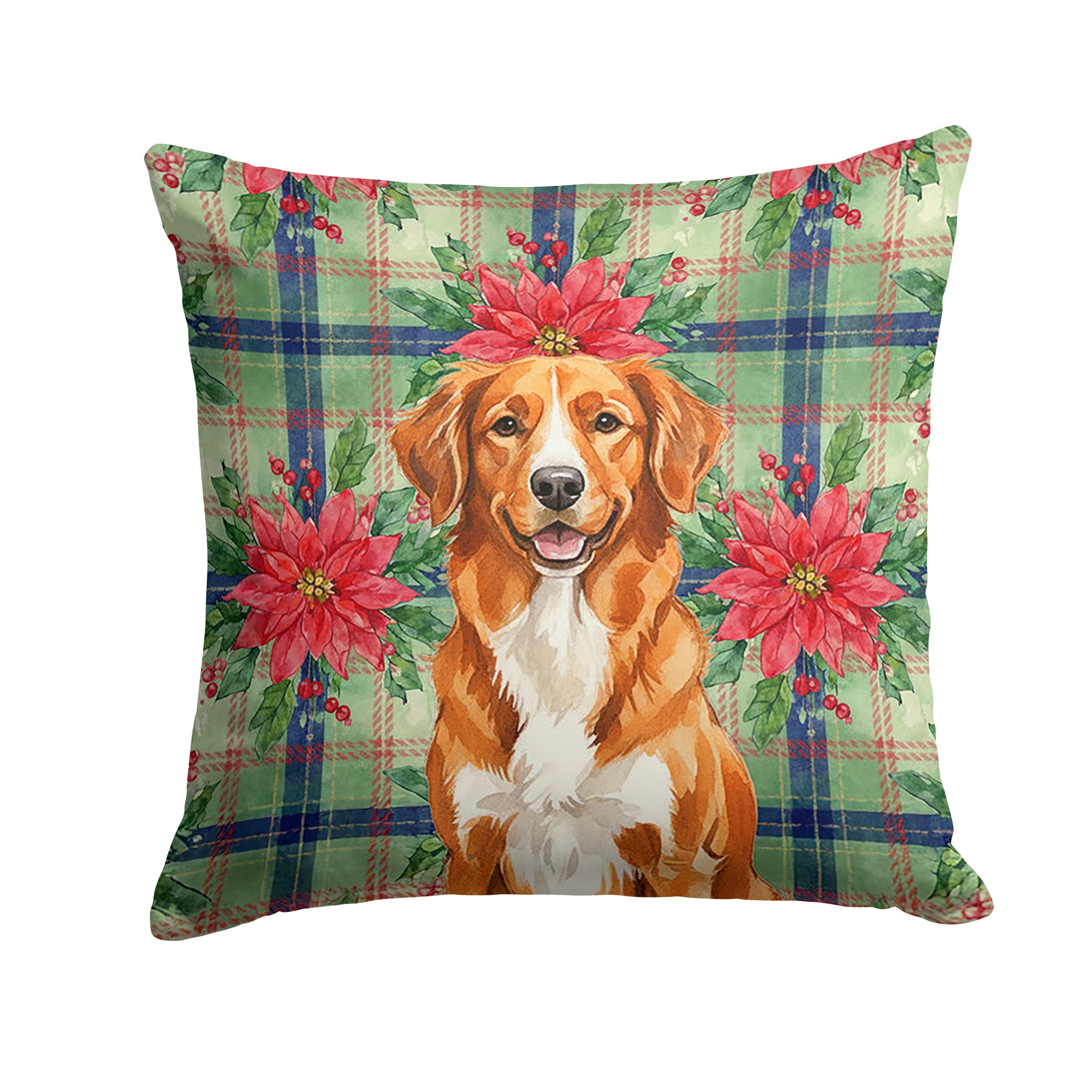 Orange Nova Scotia Duck Tolling Retriever Christmas PoinsettIas Decorative Throw Pillow 18x18 Indoor Outdoor Accent Cushion, Fabric Cover with Insert for Sofa, Bed, Porch & Living Room