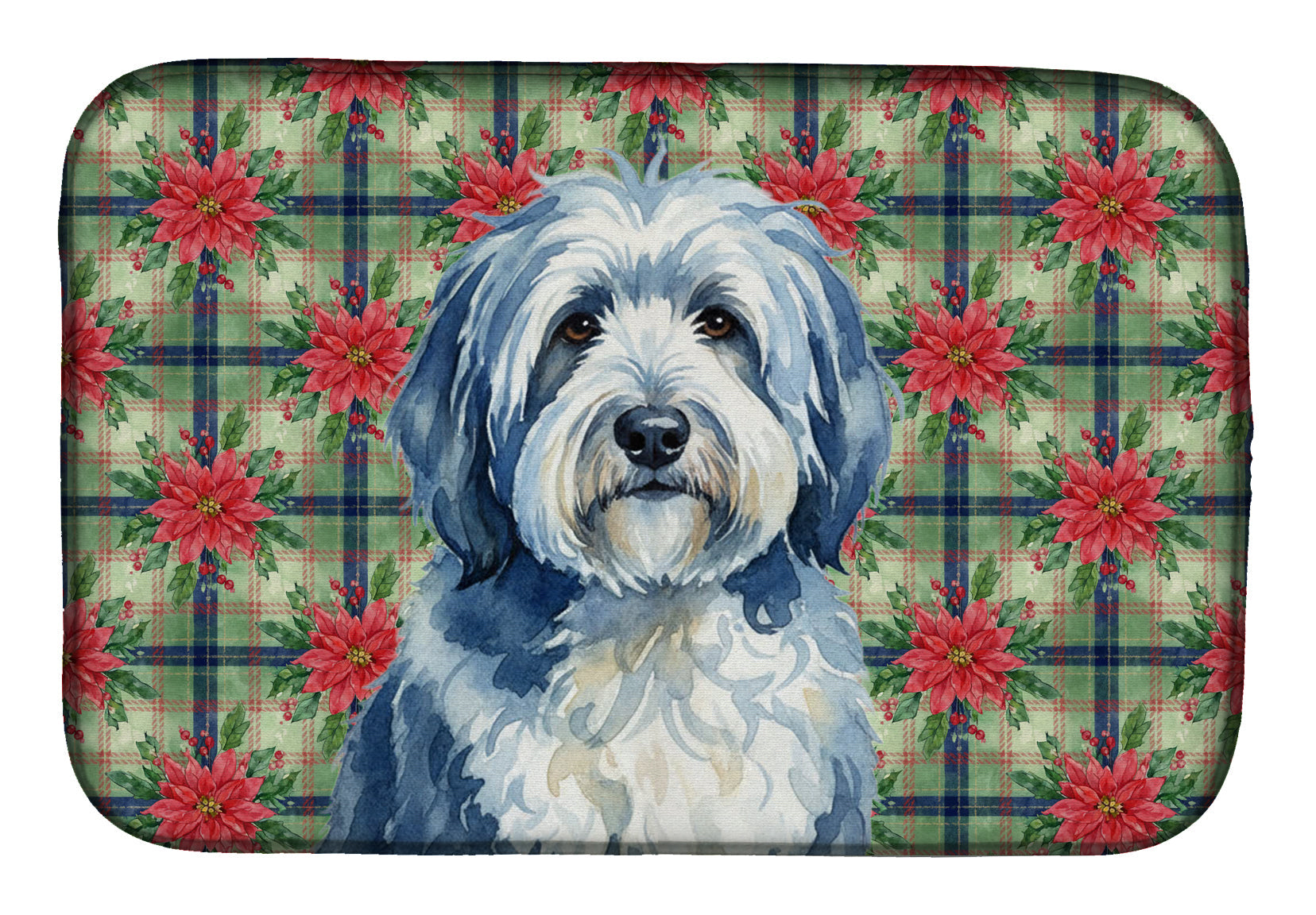 Blue and White Old English Sheepdog Christmas PoinsettIas Dish Drying Mat Absorbent Dish Drying Mat Pad for Kitchen Counter Dish Drainer Mat for Countertop, 14 x 21", Multicolor