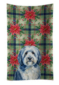 Blue and White Old English Sheepdog Christmas PoinsettIas Kitchen Towel Velour Plush Front and Cotton Loop Back Machine Washable