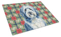 Blue and White Old English Sheepdog Christmas PoinsettIas Cutting Board Tempered Glass Kitchen Cutting Surface, Heat Resistant Chopping, Non-Slip Feet, Food Prep & Serving