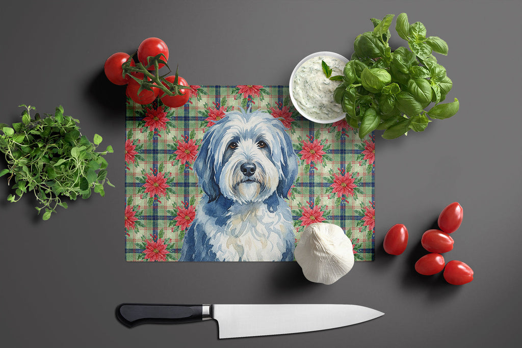 Blue and White Old English Sheepdog Christmas PoinsettIas Cutting Board Tempered Glass Kitchen Cutting Surface, Heat Resistant Chopping, Non-Slip Feet, Food Prep & Serving