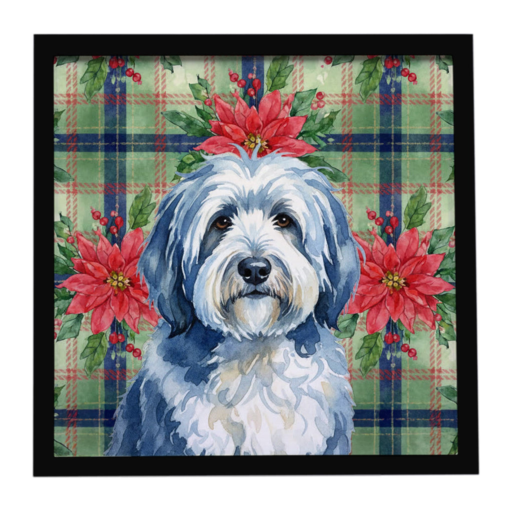 Blue and White Old English Sheepdog Christmas PoinsettIas Framed Metal Print Bathroom, Kitchen, Office, Home Decor Wall Art Ready to Hang, Square, 8X8