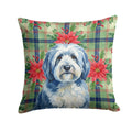 Blue and White Old English Sheepdog Christmas PoinsettIas Decorative Throw Pillow 18x18 Indoor Outdoor Accent Cushion, Fabric Cover with Insert for Sofa, Bed, Porch & Living Room