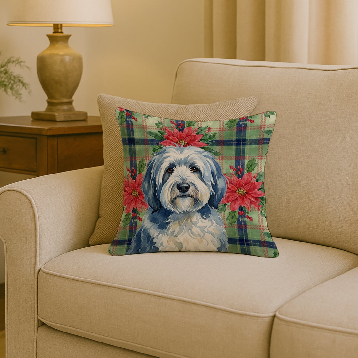Blue and White Old English Sheepdog Christmas PoinsettIas Decorative Throw Pillow 18x18 Indoor Outdoor Accent Cushion, Fabric Cover with Insert for Sofa, Bed, Porch & Living Room