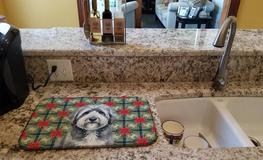 Gray and White Old English Sheepdog Christmas PoinsettIas Dish Drying Mat Absorbent Dish Drying Mat Pad for Kitchen Counter Dish Drainer Mat for Countertop, 14 x 21", Multicolor