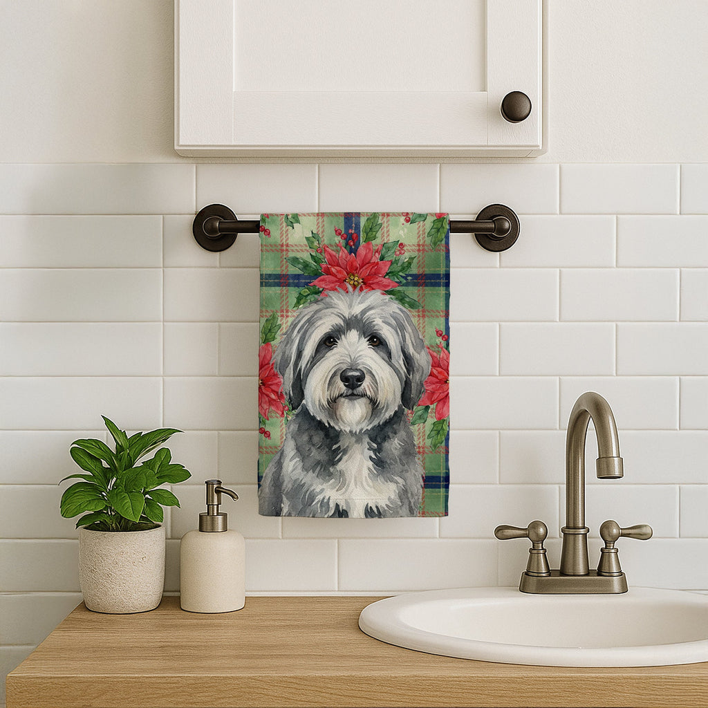 Gray and White Old English Sheepdog Christmas PoinsettIas Kitchen Towel Velour Plush Front and Cotton Loop Back Machine Washable