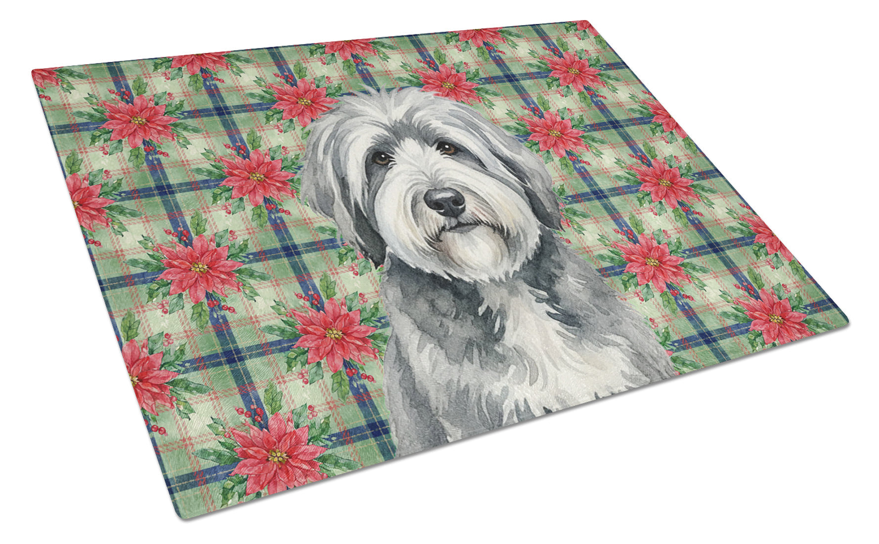 Gray and White Old English Sheepdog Christmas PoinsettIas Cutting Board Tempered Glass Kitchen Cutting Surface, Heat Resistant Chopping, Non-Slip Feet, Food Prep & Serving