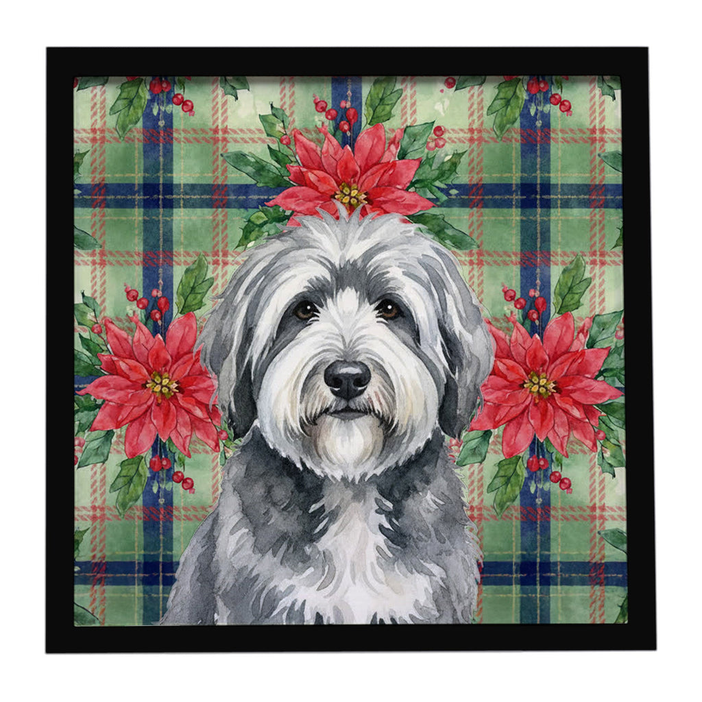 Gray and White Old English Sheepdog Christmas PoinsettIas Framed Metal Print Bathroom, Kitchen, Office, Home Decor Wall Art Ready to Hang, Square, 8X8