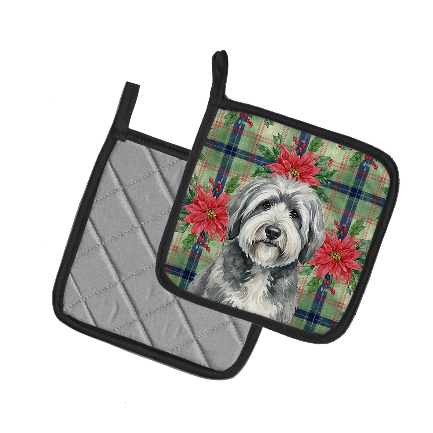 Gray and White Old English Sheepdog Christmas PoinsettIas Pot Holder Set of 2 Heat Resistant Quilted Hot Pads 7.5 x 7.5 Inch, Insulated Kitchen Trivets for Cooking & Baking