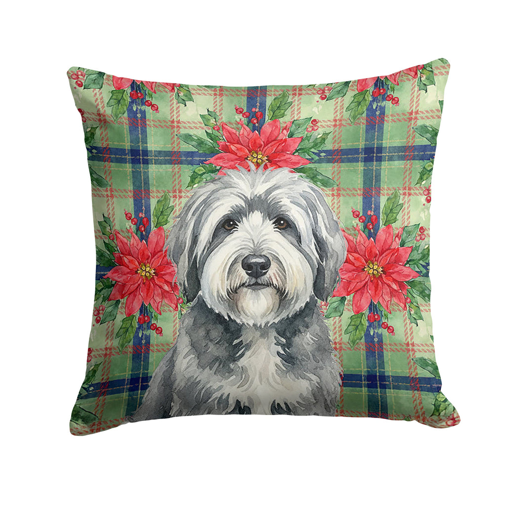 Gray and White Old English Sheepdog Christmas PoinsettIas Decorative Throw Pillow 14x14 Indoor Outdoor Accent Cushion, Fabric Cover with Insert for Sofa, Bed, Porch & Living Room