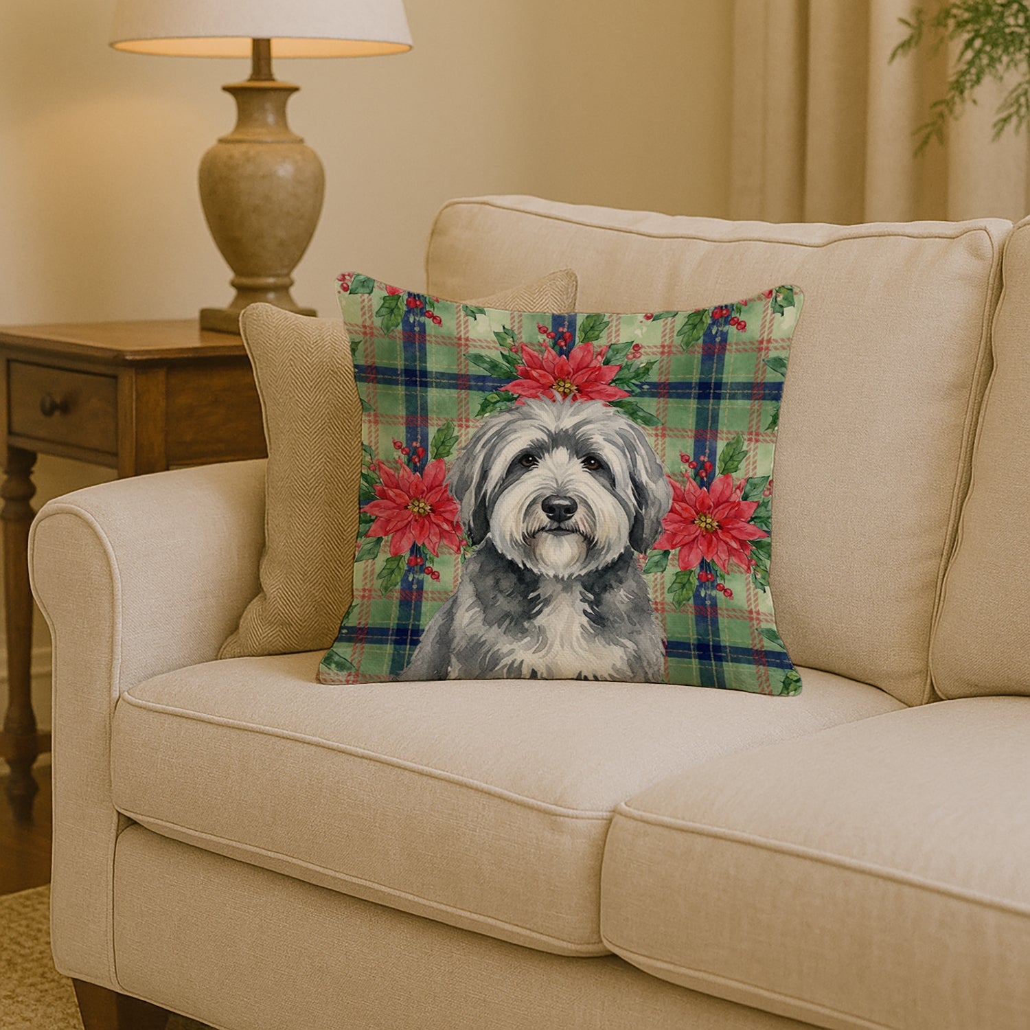 Gray and White Old English Sheepdog Christmas PoinsettIas Decorative Throw Pillow 14x14 Indoor Outdoor Accent Cushion, Fabric Cover with Insert for Sofa, Bed, Porch & Living Room
