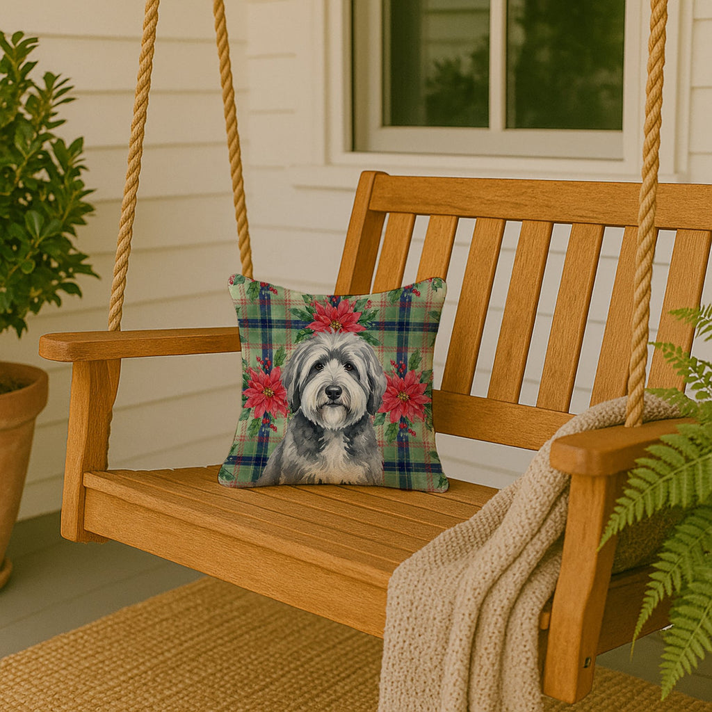 Gray and White Old English Sheepdog Christmas PoinsettIas Decorative Throw Pillow 14x14 Indoor Outdoor Accent Cushion, Fabric Cover with Insert for Sofa, Bed, Porch & Living Room