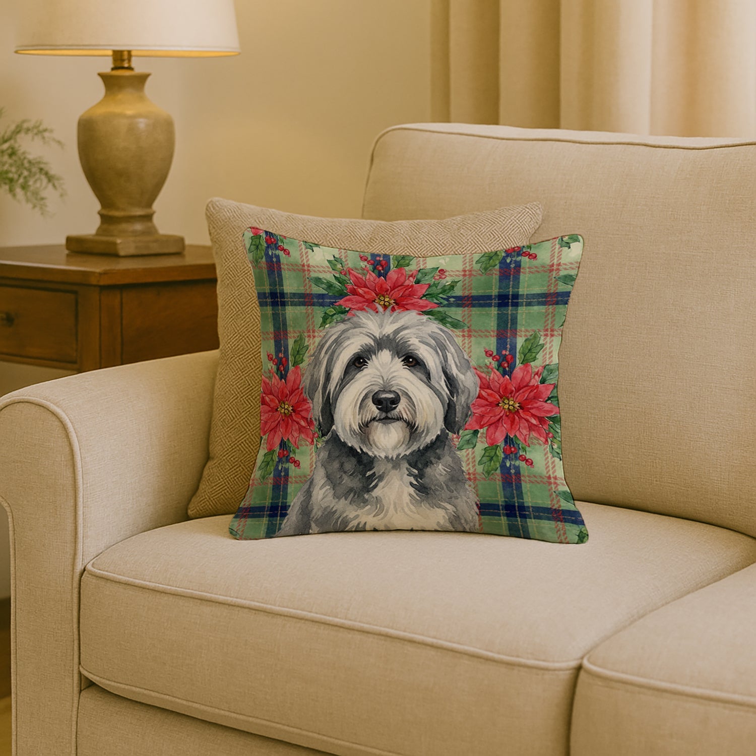 Gray and White Old English Sheepdog Christmas PoinsettIas Decorative Throw Pillow 18x18 Indoor Outdoor Accent Cushion, Fabric Cover with Insert for Sofa, Bed, Porch & Living Room