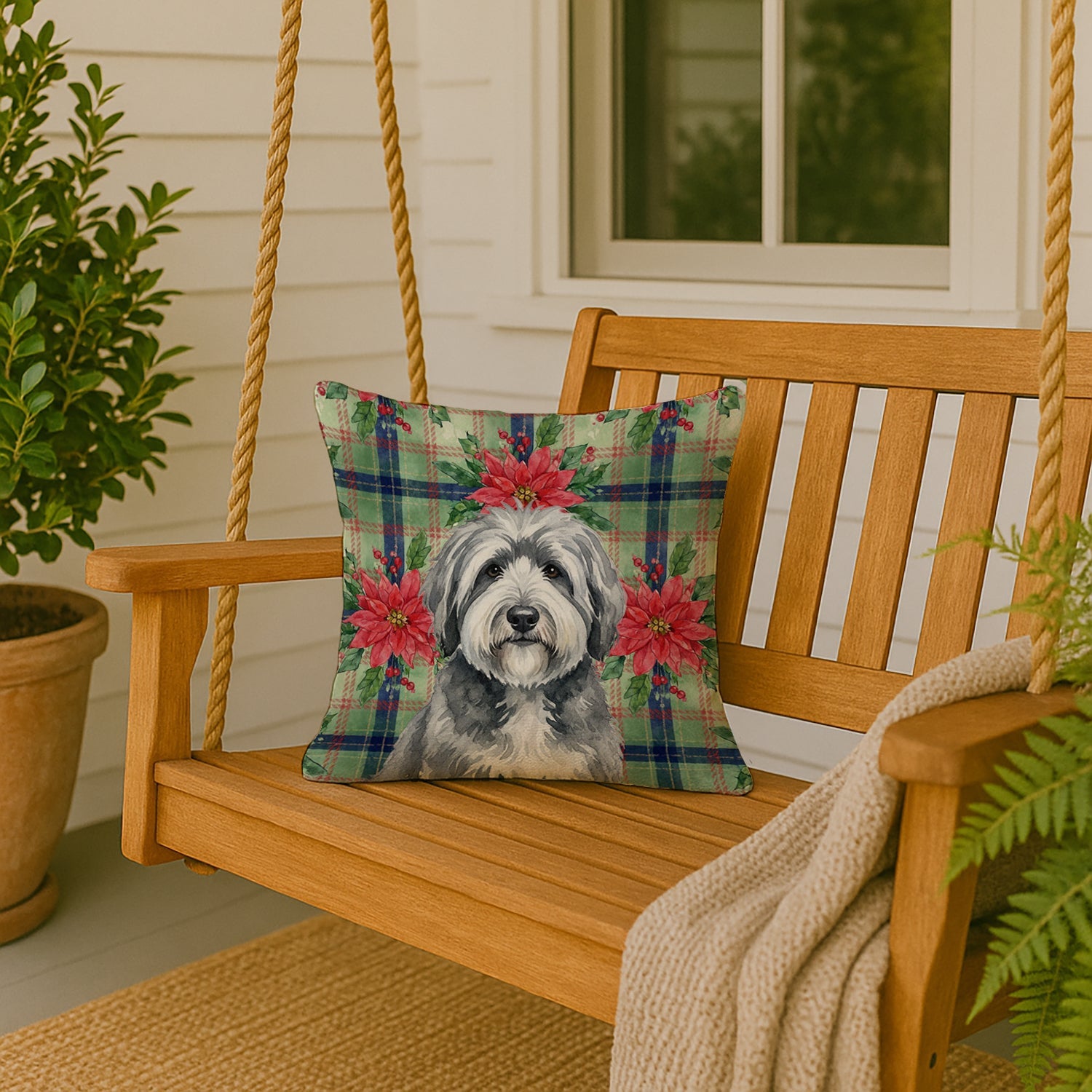 Gray and White Old English Sheepdog Christmas PoinsettIas Decorative Throw Pillow 18x18 Indoor Outdoor Accent Cushion, Fabric Cover with Insert for Sofa, Bed, Porch & Living Room