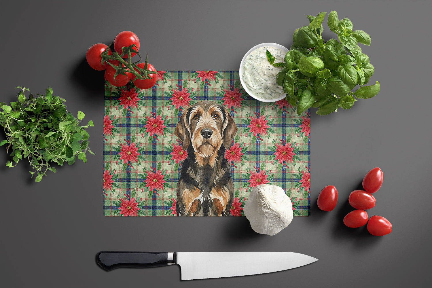 Black and Tan Otterhound Christmas PoinsettIas Cutting Board Tempered Glass Kitchen Cutting Surface, Heat Resistant Chopping, Non-Slip Feet, Food Prep & Serving