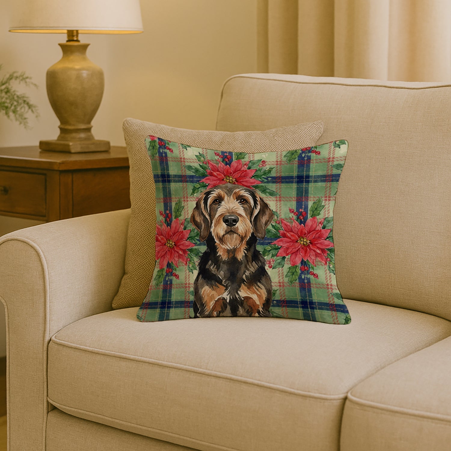 Black and Tan Otterhound Christmas PoinsettIas Decorative Throw Pillow 18x18 Indoor Outdoor Accent Cushion, Fabric Cover with Insert for Sofa, Bed, Porch & Living Room
