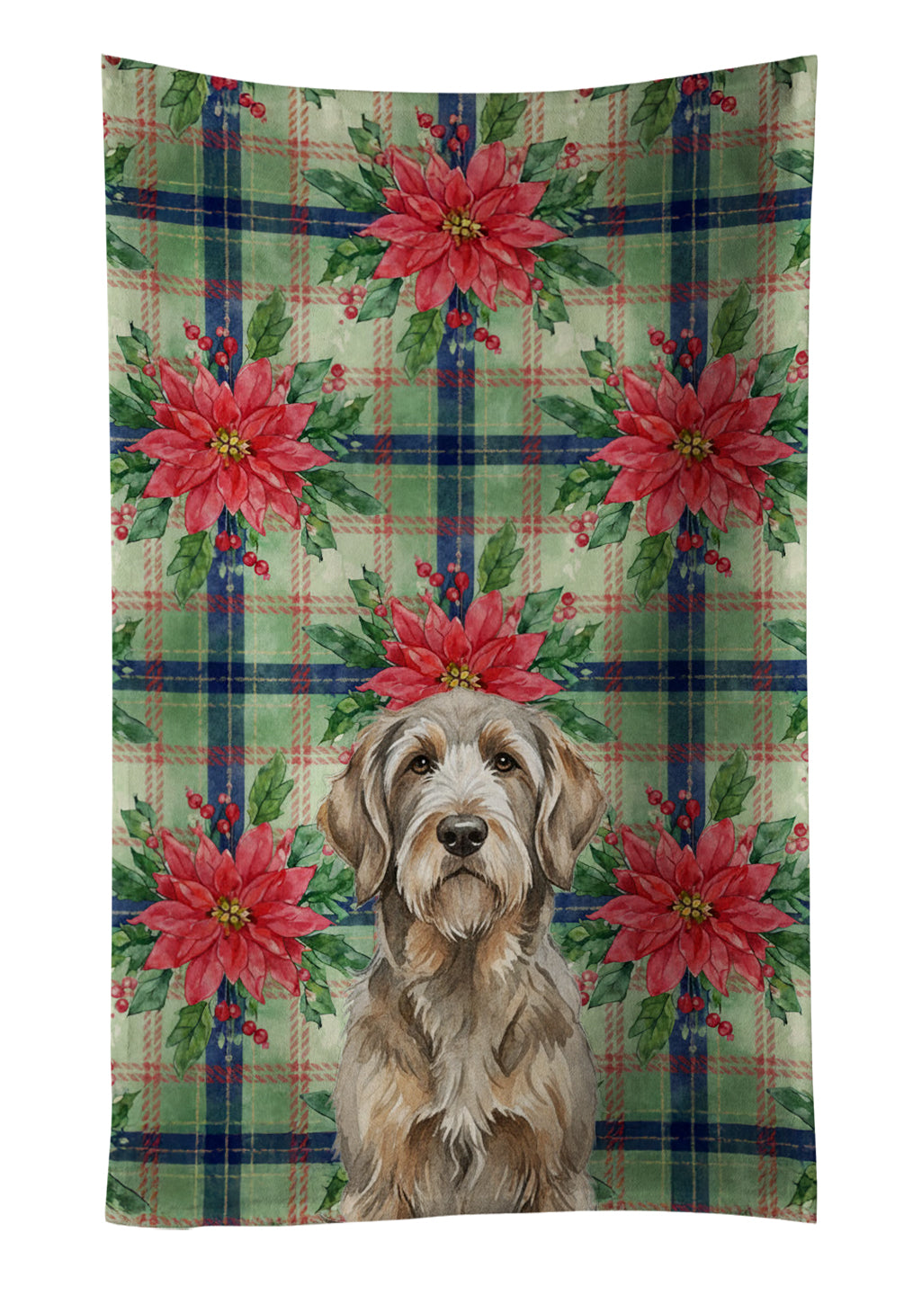 Grizzle and Tan Otterhound Christmas PoinsettIas Kitchen Towel Velour Plush Front and Cotton Loop Back Machine Washable