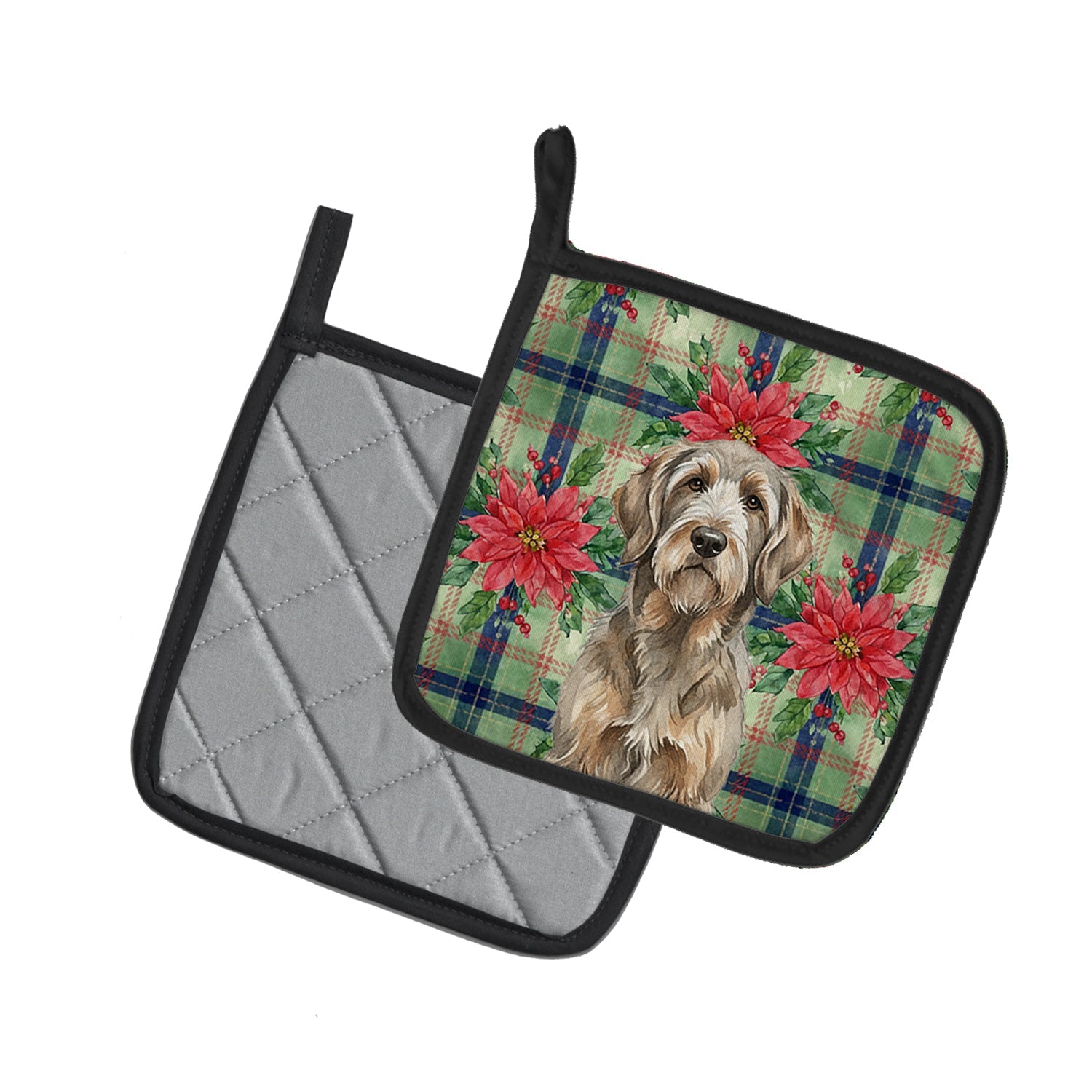Grizzle and Tan Otterhound Christmas PoinsettIas Pot Holder Set of 2 Heat Resistant Quilted Hot Pads 7.5 x 7.5 Inch, Insulated Kitchen Trivets for Cooking & Baking