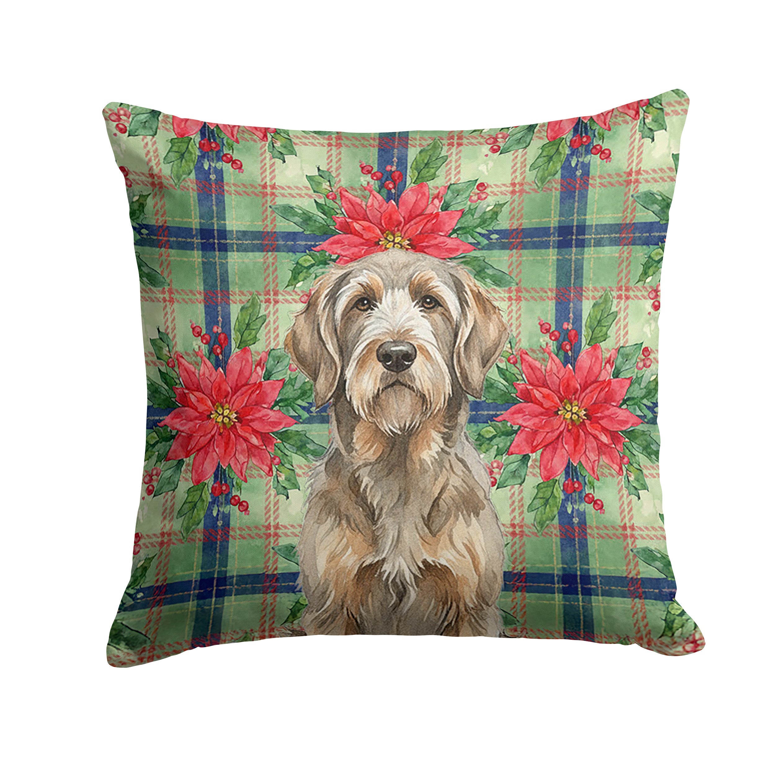 Grizzle and Tan Otterhound Christmas PoinsettIas Decorative Throw Pillow 14x14 Indoor Outdoor Accent Cushion, Fabric Cover with Insert for Sofa, Bed, Porch & Living Room