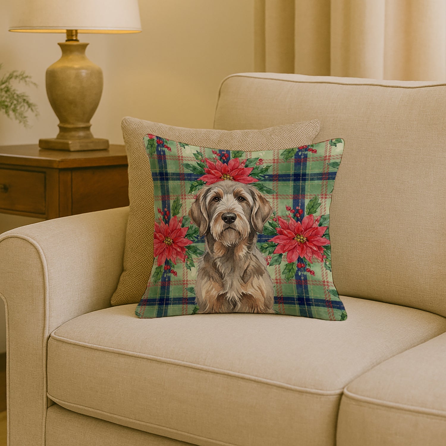 Grizzle and Tan Otterhound Christmas PoinsettIas Decorative Throw Pillow 18x18 Indoor Outdoor Accent Cushion, Fabric Cover with Insert for Sofa, Bed, Porch & Living Room