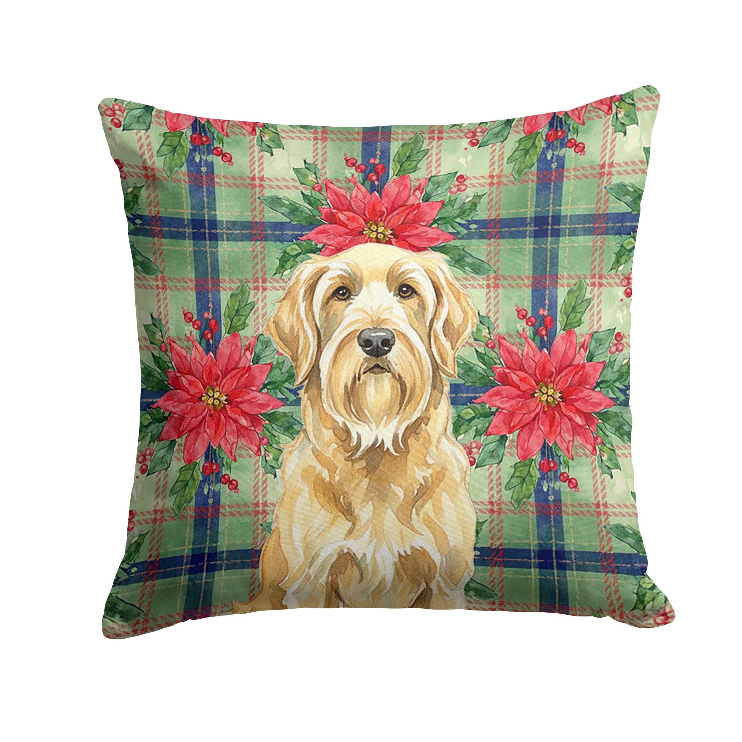 Wheaten and Tan Otterhound Christmas PoinsettIas Decorative Throw Pillow 18x18 Indoor Outdoor Accent Cushion, Fabric Cover with Insert for Sofa, Bed, Porch & Living Room