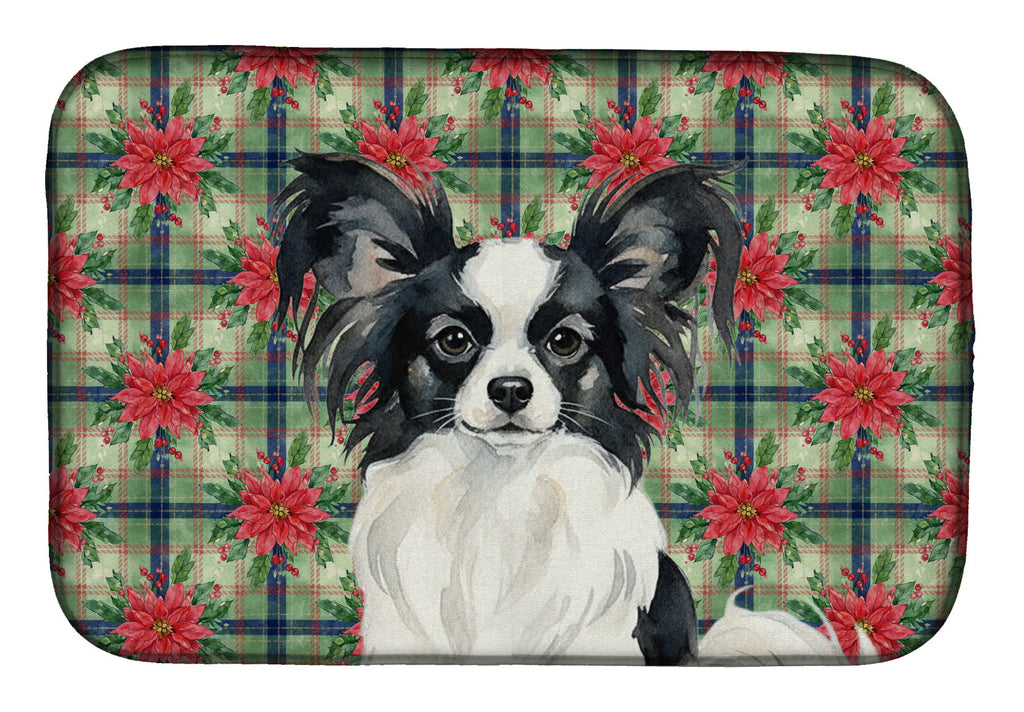 Black and White Papillon Christmas PoinsettIas Dish Drying Mat Absorbent Dish Drying Mat Pad for Kitchen Counter Dish Drainer Mat for Countertop, 14 x 21", Multicolor