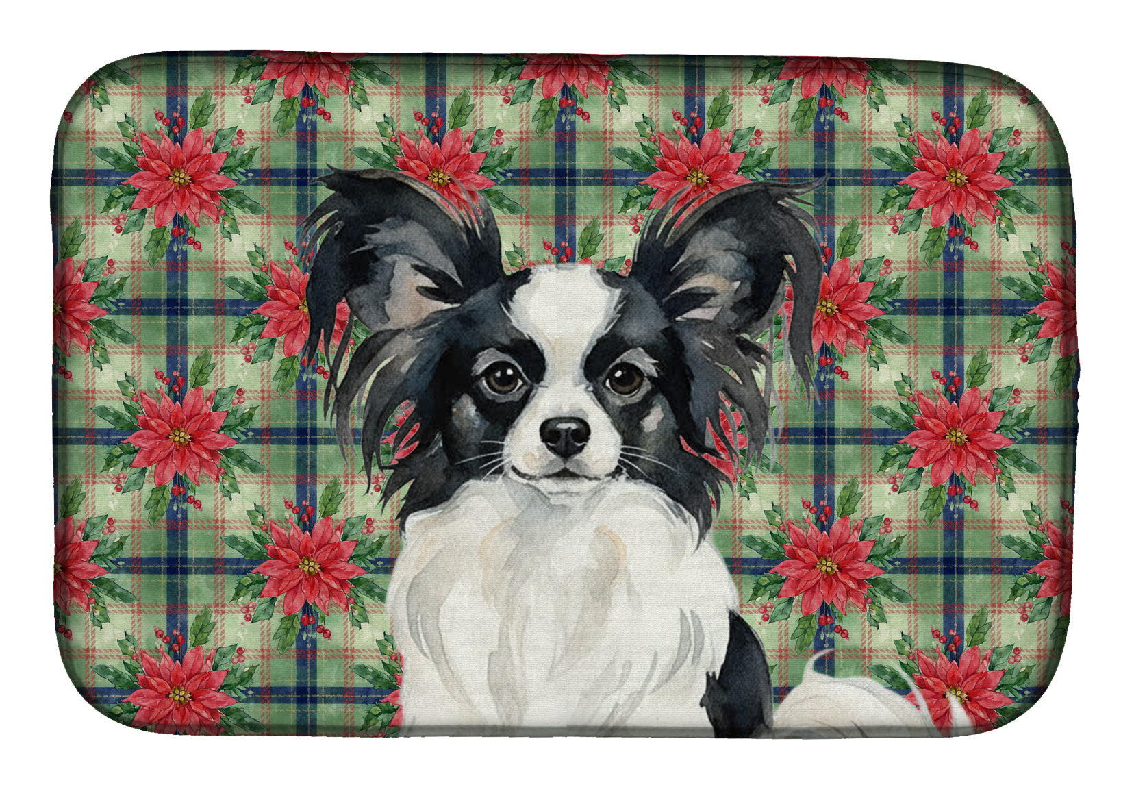 Black and White Papillon Christmas PoinsettIas Dish Drying Mat Absorbent Dish Drying Mat Pad for Kitchen Counter Dish Drainer Mat for Countertop, 14 x 21", Multicolor