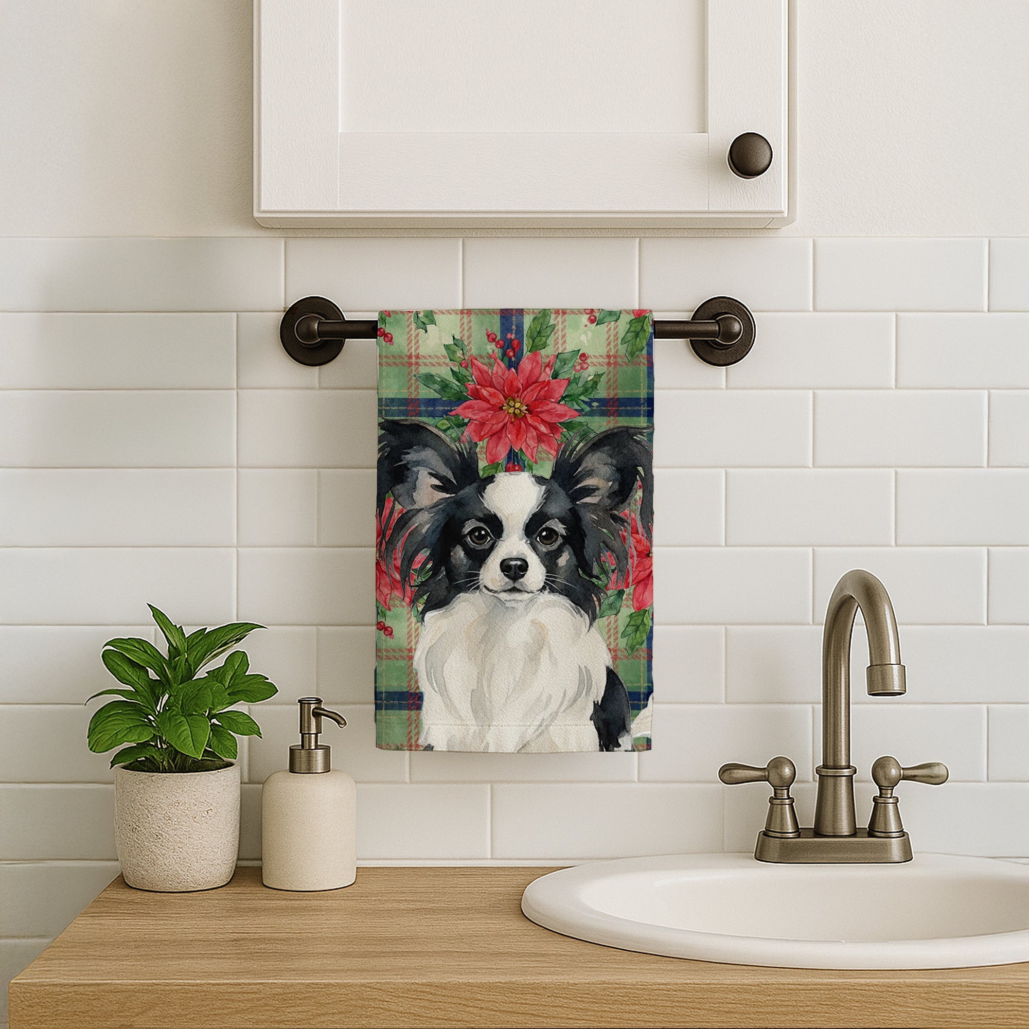 Black and White Papillon Christmas PoinsettIas Kitchen Towel Velour Plush Front and Cotton Loop Back Machine Washable