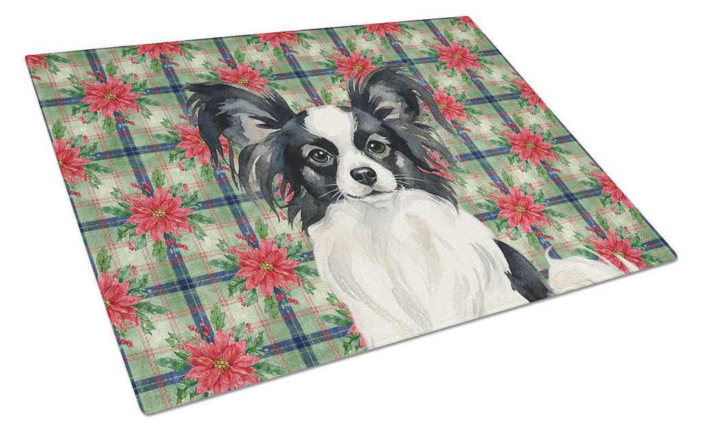 Black and White Papillon Christmas PoinsettIas Cutting Board Tempered Glass Kitchen Cutting Surface, Heat Resistant Chopping, Non-Slip Feet, Food Prep & Serving