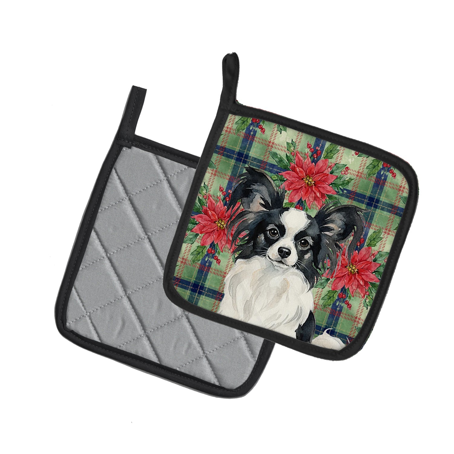 Black and White Papillon Christmas PoinsettIas Pot Holder Set of 2 Heat Resistant Quilted Hot Pads 7.5 x 7.5 Inch, Insulated Kitchen Trivets for Cooking & Baking