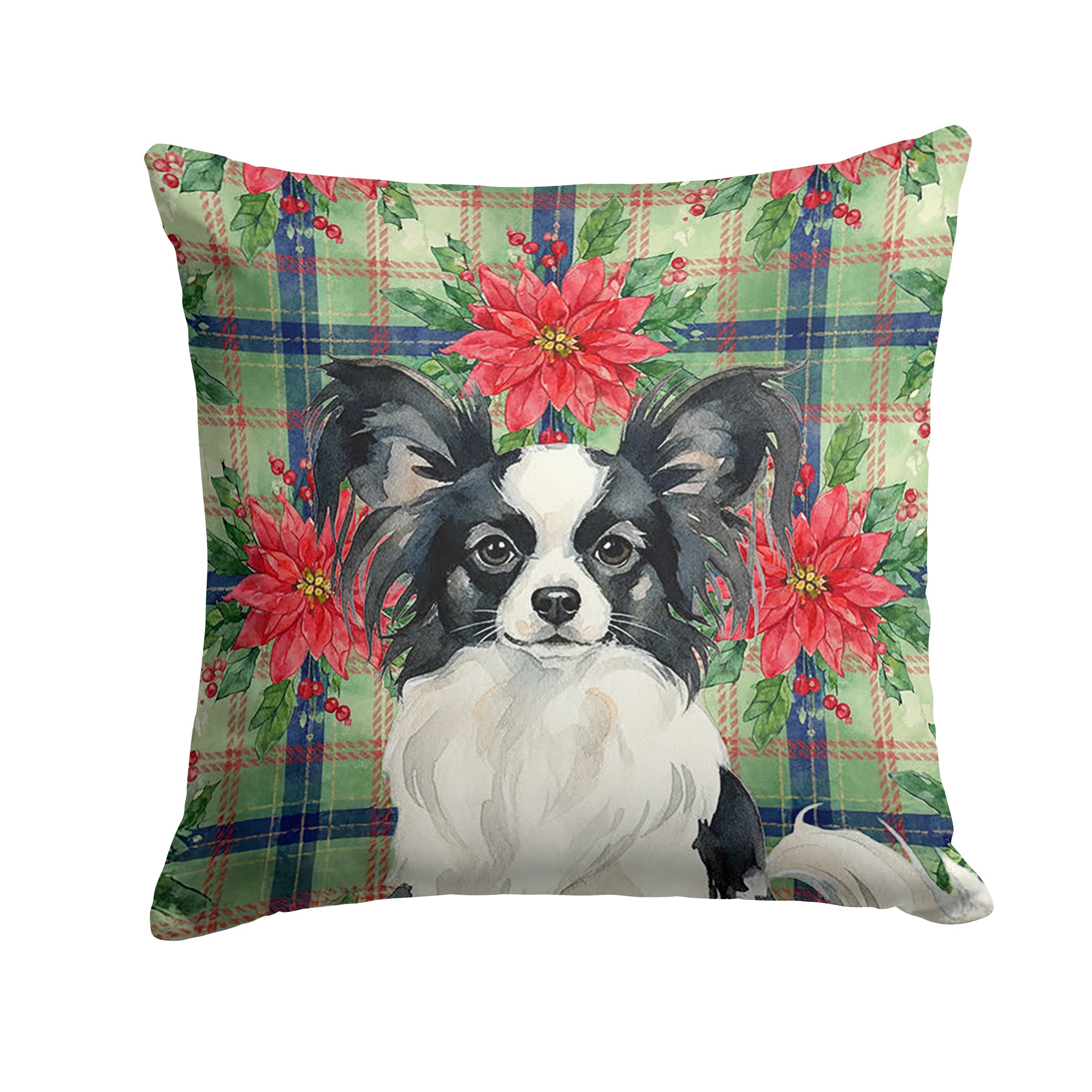 Black and White Papillon Christmas PoinsettIas Decorative Throw Pillow 14x14 Indoor Outdoor Accent Cushion, Fabric Cover with Insert for Sofa, Bed, Porch & Living Room