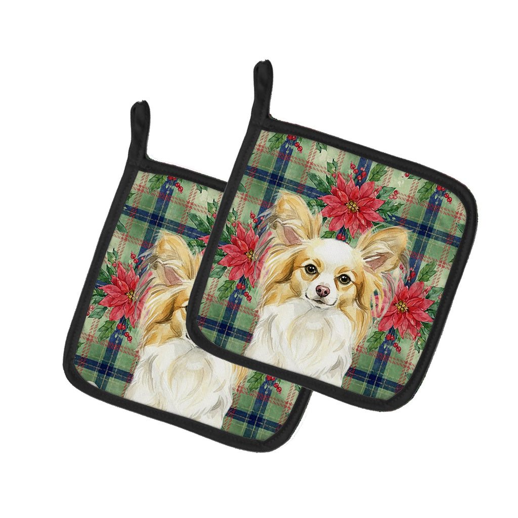 Lemon and White Papillon Christmas PoinsettIas Pot Holder Set of 2 Heat Resistant Quilted Hot Pads 7.5 x 7.5 Inch, Insulated Kitchen Trivets for Cooking & Baking