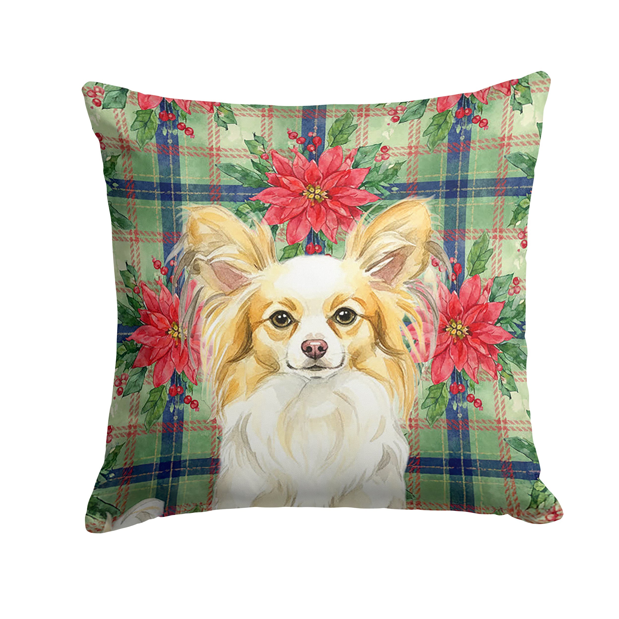 Lemon and White Papillon Christmas PoinsettIas Decorative Throw Pillow 14x14 Indoor Outdoor Accent Cushion, Fabric Cover with Insert for Sofa, Bed, Porch & Living Room
