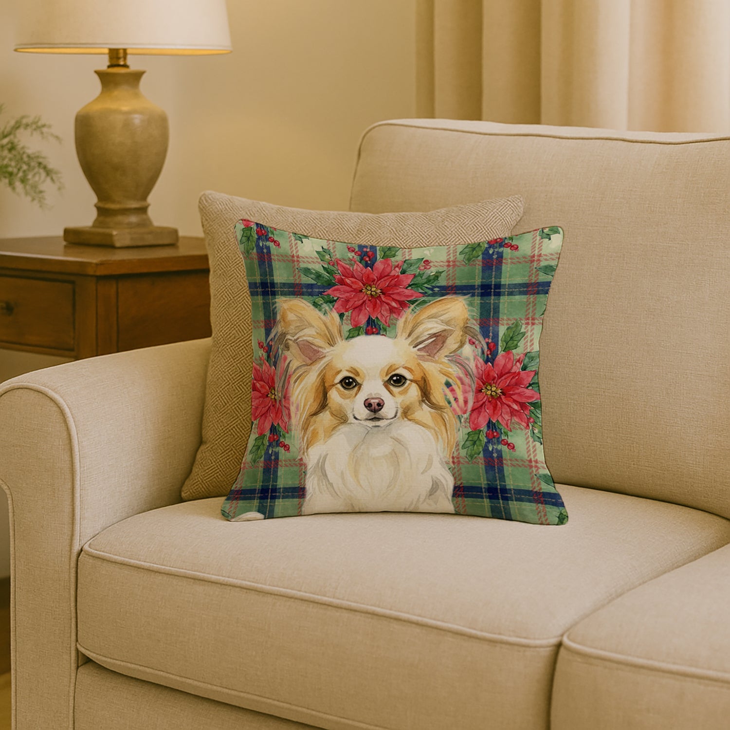 Lemon and White Papillon Christmas PoinsettIas Decorative Throw Pillow 18x18 Indoor Outdoor Accent Cushion, Fabric Cover with Insert for Sofa, Bed, Porch & Living Room