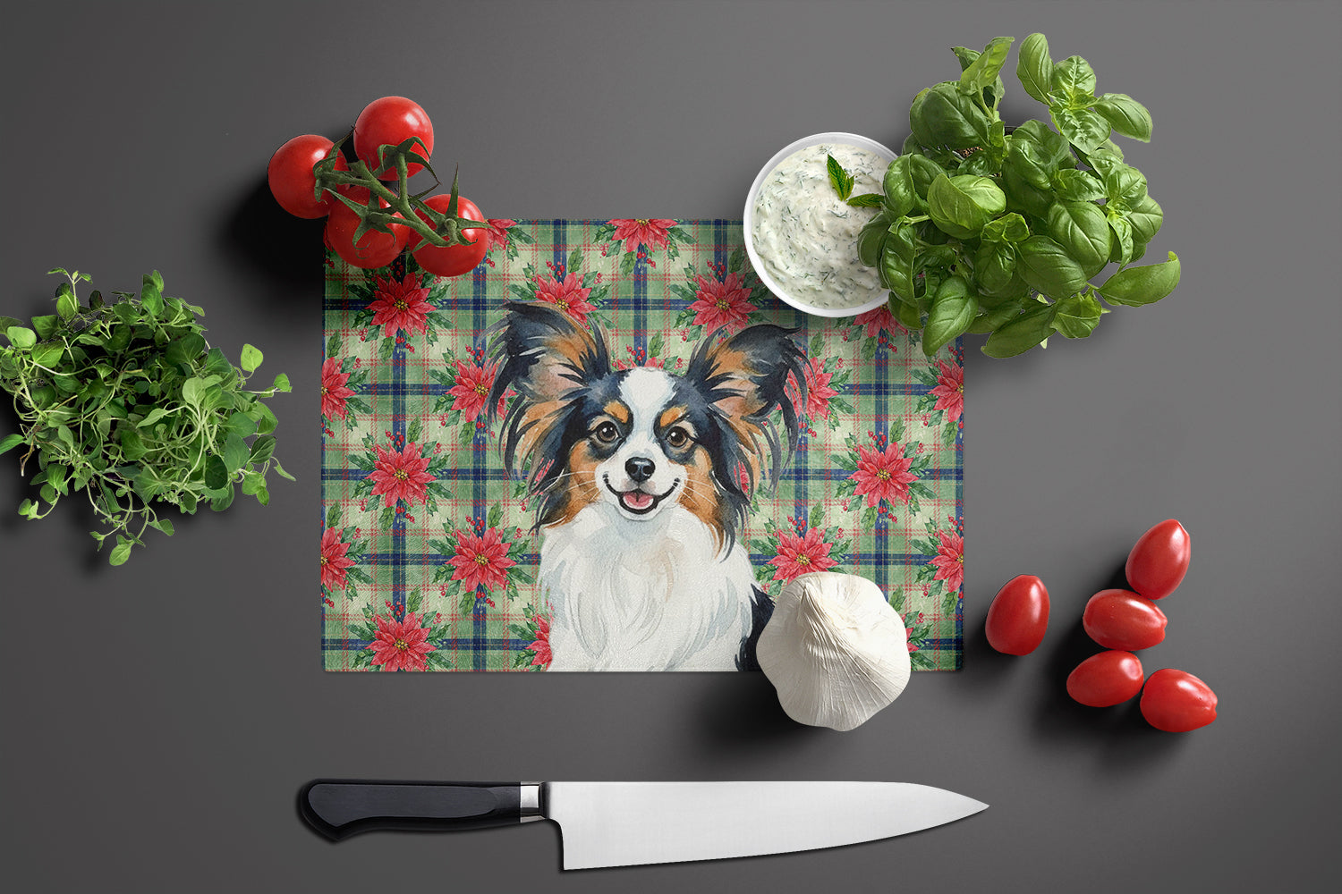 Tricoilor Papillon Christmas PoinsettIas Cutting Board Tempered Glass Kitchen Cutting Surface, Heat Resistant Chopping, Non-Slip Feet, Food Prep & Serving