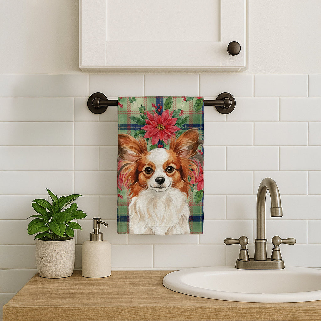 White with Red Papillon Christmas PoinsettIas Kitchen Towel Velour Plush Front and Cotton Loop Back Machine Washable