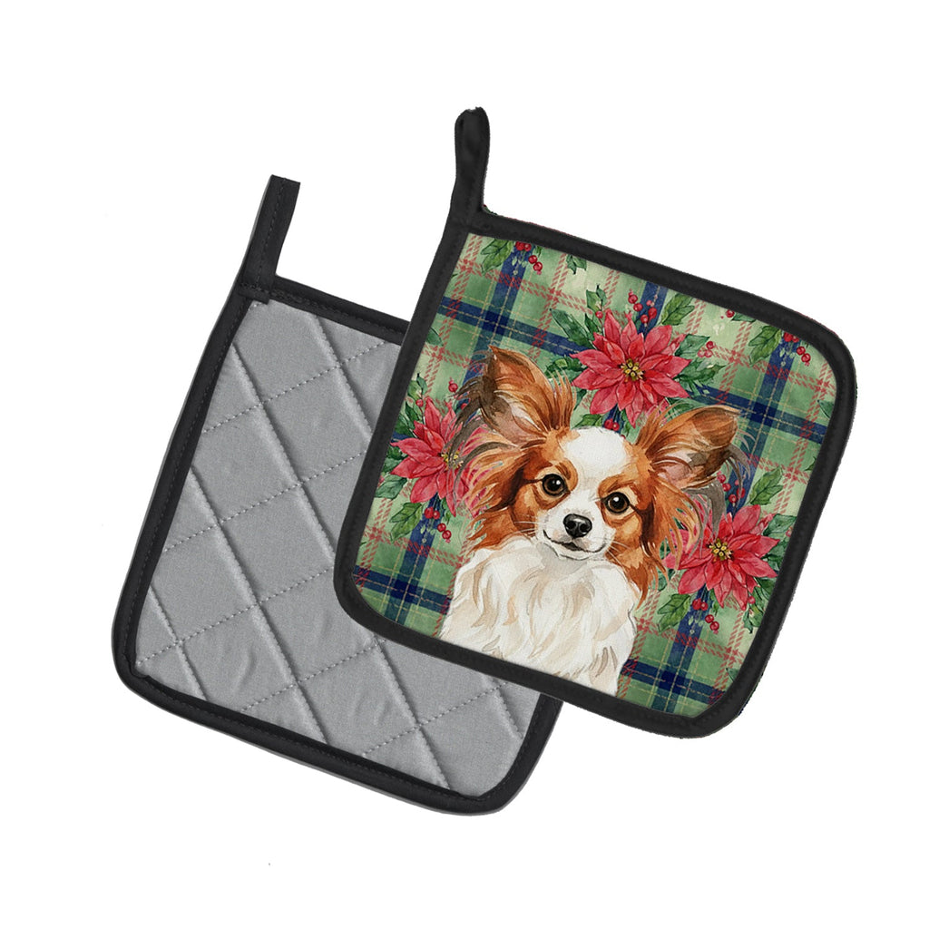 White with Red Papillon Christmas PoinsettIas Pot Holder Set of 2 Heat Resistant Quilted Hot Pads 7.5 x 7.5 Inch, Insulated Kitchen Trivets for Cooking & Baking