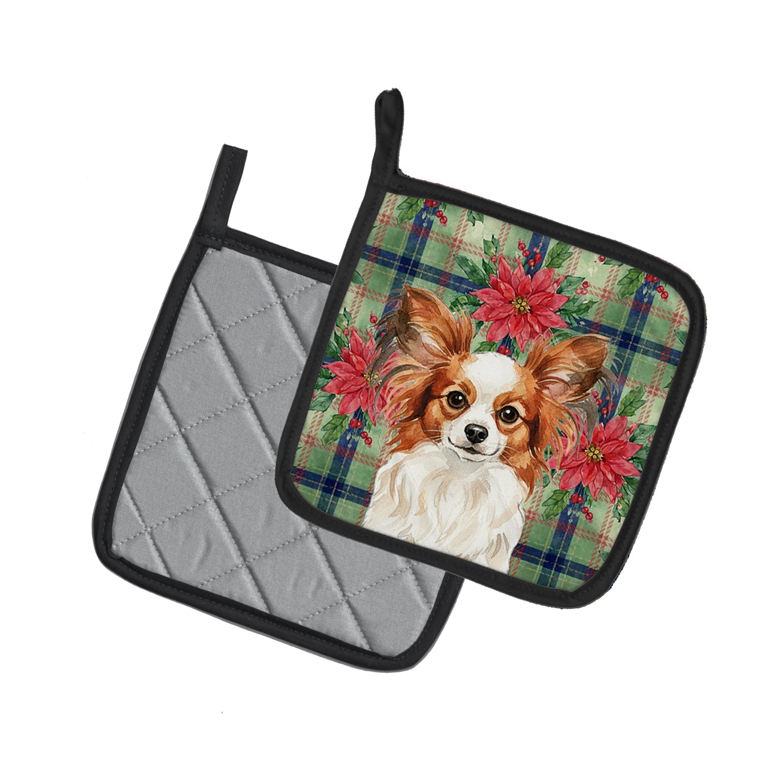 White with Red Papillon Christmas PoinsettIas Pot Holder Set of 2 Heat Resistant Quilted Hot Pads 7.5 x 7.5 Inch, Insulated Kitchen Trivets for Cooking & Baking